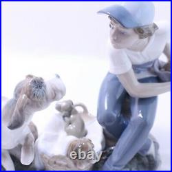 Lladro This One's Mine # 5376 Porcelain Figurine Boy with Mother Dog and Puppies