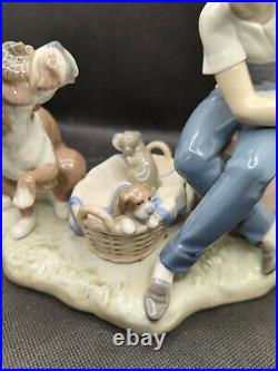 Lladro This One's Mine Porcelain Figurine # 5376 Boy With Puppies & Mother Dog