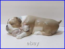 Lladro Unlikely Friends Figurine Dog & Cat Napping #6417 Retired 2005