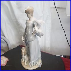 Lladro Woman With Dog Porcelain Figurine Size 10.5 In Multicolor