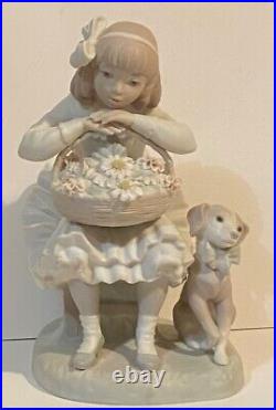 Lladro figurine Spain retired large Girl With Basket of Flowers And Dog