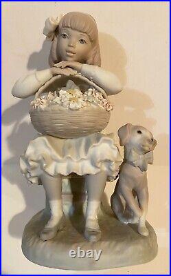 Lladro figurine Spain retired large Girl With Basket of Flowers And Dog