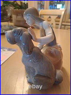 Lladro figurine girl feeding old English Sheepdog from the bowl glazed finish