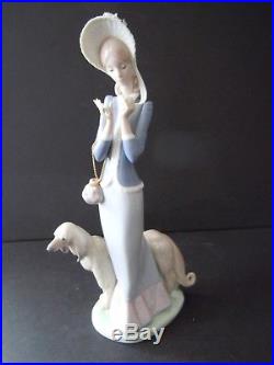 Lovely Lladro Stepping Out Figurine, #1537, Lady with Afghan Dog and Bonnet