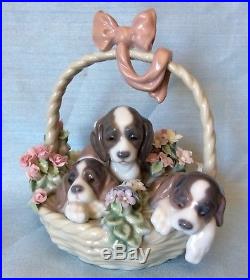 MINT IN BOX Retired LladroA Litter Of Love #1441 Puppy Dogs in a Flower Basket
