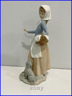 Nao / Lladro Porcelain Figurine Girl / Woman Carrying Basket w Puppy Dog at Feet