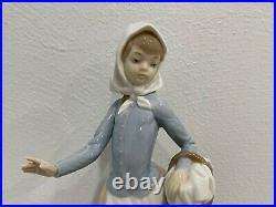 Nao / Lladro Porcelain Figurine Girl / Woman Carrying Basket w Puppy Dog at Feet
