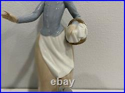 Nao / Lladro Porcelain Figurine Girl / Woman Carrying Basket w Puppy Dog at Feet