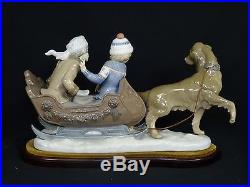 RARE LARGE LLADRO SLEIGH CHILDREN and SLED-DOG FIGURINE with WOOD BASE 11