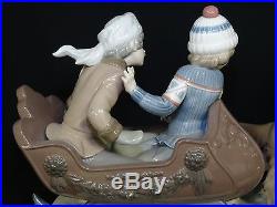 RARE LARGE LLADRO SLEIGH CHILDREN and SLED-DOG FIGURINE with WOOD BASE 11