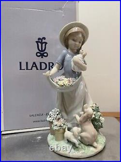 RARE Lladro Romp in the Garden #6907 Girl with dogs flowers 8-3/4 Tall