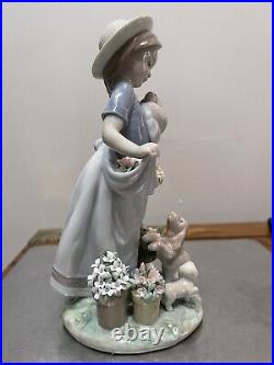 RARE Lladro Romp in the Garden #6907 Girl with dogs flowers 8-3/4 Tall