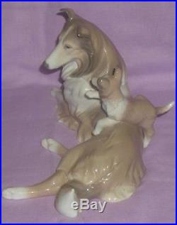 Retired Lladro # 6459 Collie Dog With Puppy Climbing On Mother Pristine/ No Dama