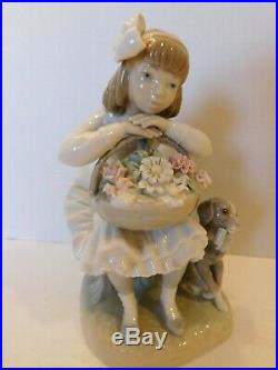 RETIRED Lladro #1088 GIRL WITH FLOWERS & DOG FIGURINE