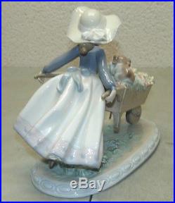 Rare! LLADRO Puppy Dog GIRL with FLOWER CART (Gloss Finish Figurine)