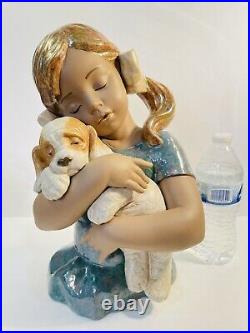 Rare Large 14.5 Gres Lladro #2355 Gabriela Girl In Pigtails Holding Puppy Dog