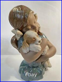 Rare Large 14.5 Gres Lladro #2355 Gabriela Girl In Pigtails Holding Puppy Dog