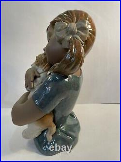Rare Large 14.5 Gres Lladro #2355 Gabriela Girl In Pigtails Holding Puppy Dog