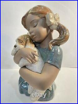 Rare Large 14.5 Gres Lladro #2355 Gabriela Girl In Pigtails Holding Puppy Dog