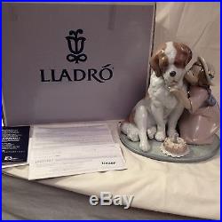 Rare Large Lladro A Birthday Kiss #06632 Girl & Saint Bernard with Cake Figurine