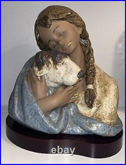 Rare Lladro 2199 Devoted Friends Gres Finish Busto Perrito Al Regazo With Base