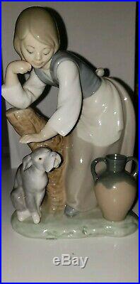 Rare Vintage Estate Lladro Porcelain Figurine 1246 Caress & Rest Girl Log & Dog