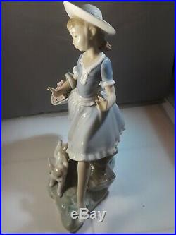 Rare Vtg Lladro Figurine Girl Skipping With Pony Tail Flower Basket Puppy Dog