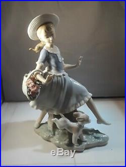 Rare Vtg Lladro Figurine Girl Skipping With Pony Tail Flower Basket Puppy Dog