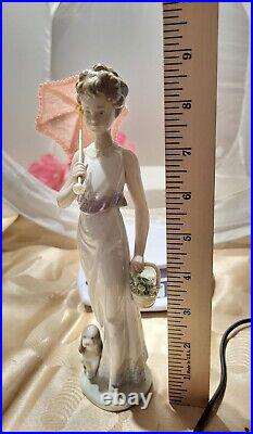 Retired Lladro Figurine 7617 Garden Classic Girl With Parasol, Dog & Flower Basket