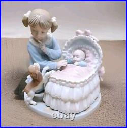 Retired Lladro Figurine Sleep Tight Little One Baby Bassinet Girl & Dog Rare