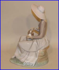 Retired Lladro Large Figurine Girl Seated with Pekingese Puppy Dog on Lamp 4806