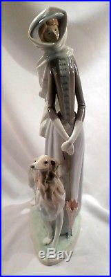 Retired Lladro Porcelain Figurine Lady with Borzoi and Folded Umbrella
