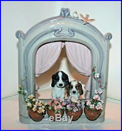 SIGNED Beautiful LLADRO 6502 Please Come Home Dogs Puppies Flowers Window