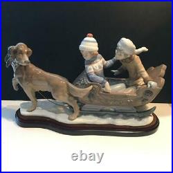 Salvador Debron Lladro Sleigh Ride Kids Dog Figurine 18.5 Long #5037 E4306