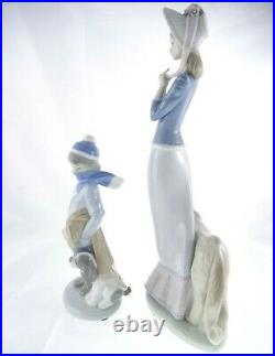 Set Lladro Figurines Stepping Out 1537 & Winter 5220 Lady Afghan Hound Boy Dog