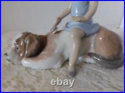 Stunning Lladro Spain Figure #6229 Contented Companion Girl Brushing Dog / Mint