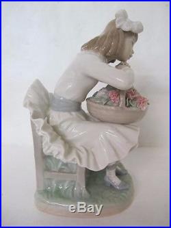 Very Rare And Discontinued Lladro Lady With Flower Basket And Little Dog