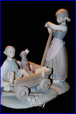 Very Rare Lladro Girl Pulling Boy Dog In Wagon #1245 Figurine Spain Valencia