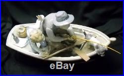 Vintage Lladro #5215 Fishing withGrandpa Porcelain Figurine Boy, Dog, Boat, Gramps
