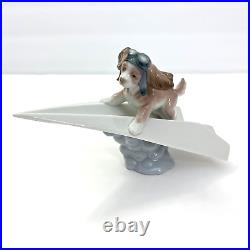 Vintage Lladro 6665 Let's Fly Away goggled Puppy Dog Paper Airplane