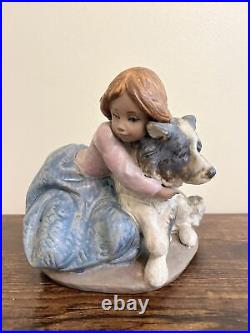 Vintage Lladro A Big Hug 1990-1997 Porcelain Figure Gres Girl Dog Hugging