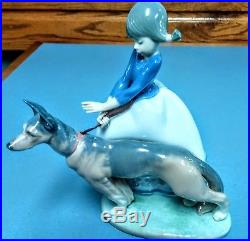 Vintage Lladro Figurine #1533, Not So Fast mint, no box, girl leadng lg dog