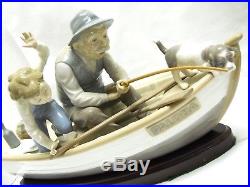 Vintage Lladro Fishing with Gramps #5215 Grandpa on Boat with Dog with Wood Base