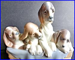 Vintage Lladro Four Beagle Puppies Dogs In Basket With Blanket # 0131 Retired