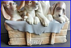 Vintage Lladro Four Beagle Puppies Dogs In Basket With Blanket # 0131 Retired