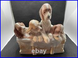 Vintage Lladro Four Beagle Puppies Dogs In Basket With Blanket Retired 1978