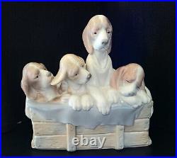 Vintage Lladro Four Beagle Puppies Dogs In Basket With Blanket Retired 1978