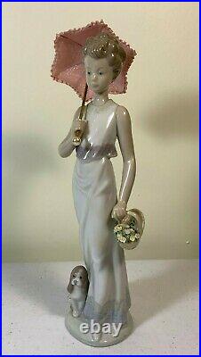 Vintage Lladro Garden Classic 7617 Girl With Parasol, Dog, Flower Basket