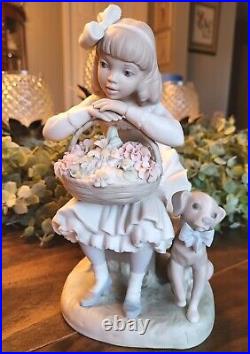 Vintage Lladro Girl Sitting Flower Basket & Dog 8 1/4 Bisque Porcelain Spain