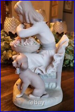 Vintage Lladro Girl Sitting Flower Basket & Dog 8 1/4 Bisque Porcelain Spain